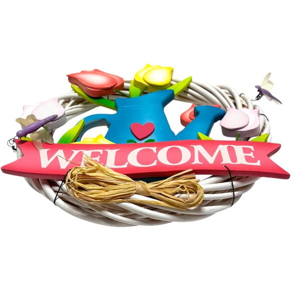 Welcome Wreath Door Hanger Tulip Pink Blue Yellow 12 inch - Picture 4 of 5